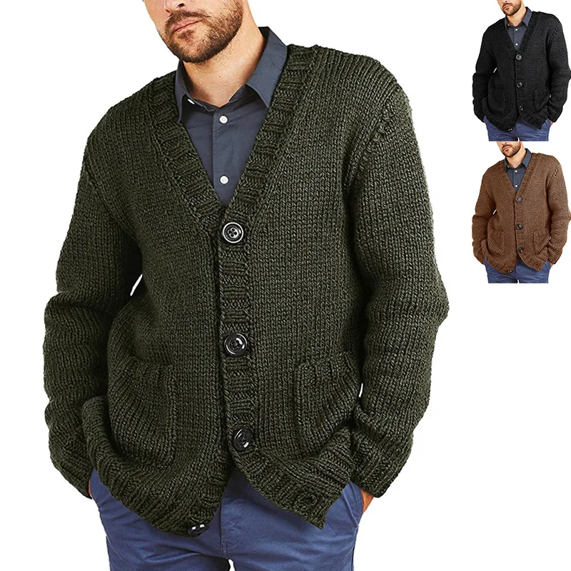 

2023 New Sweater Cardigan Mens Solid V-neck Long Sleeve Knitted Coat Men