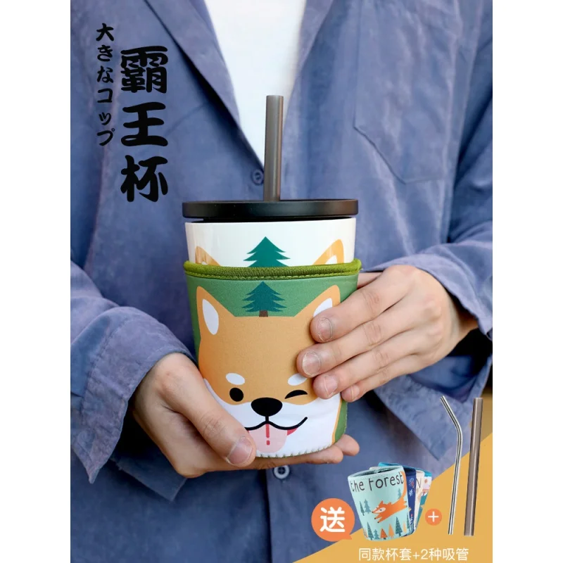 

Bawang Cup Creative Cute Trendy Mark Ceramic Water Cup Lid Straw Drinking Large Capacity for Women's Office