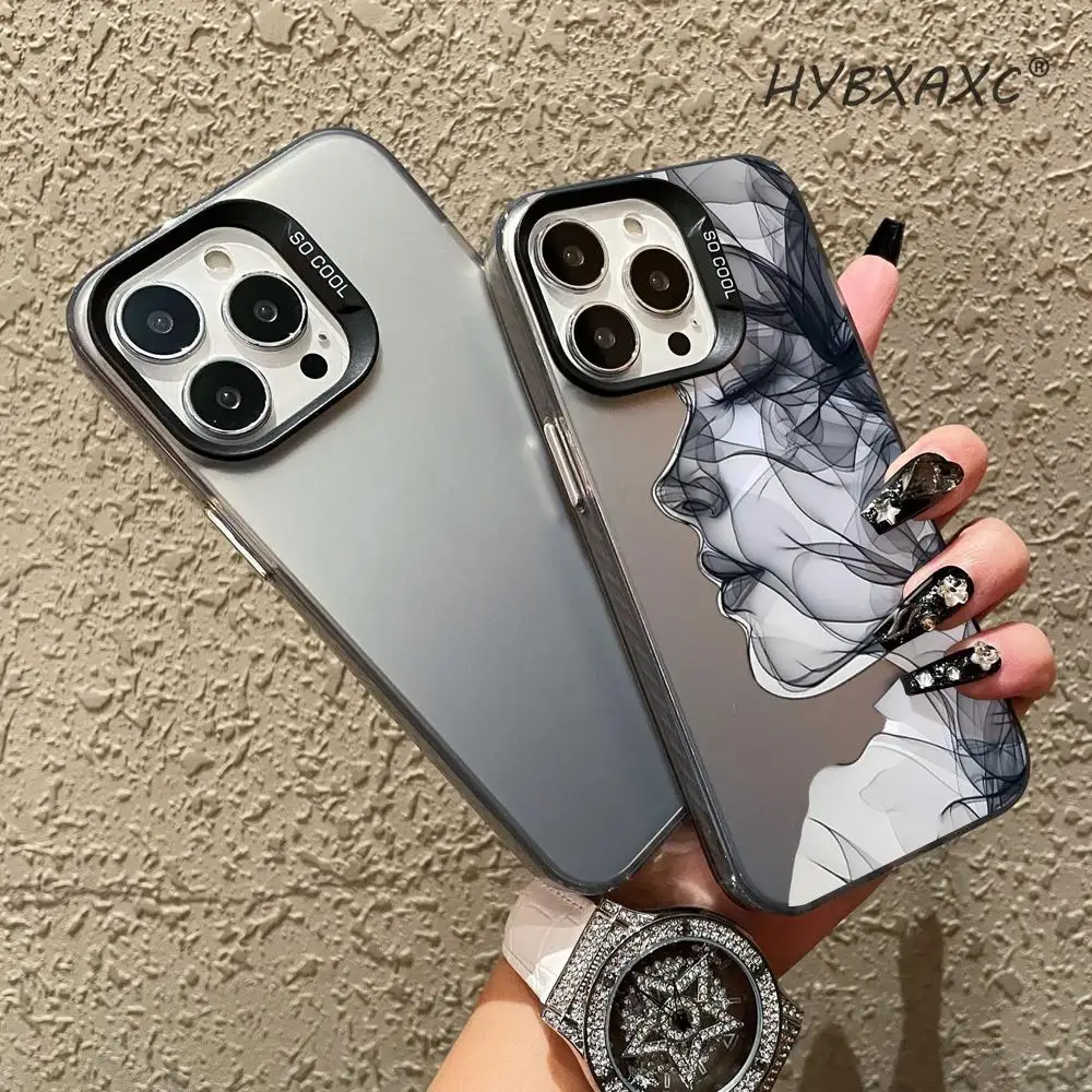 Фото Чехол для телефона HYBXAXC Black Ink Smoke с профилем женщины, серебристый, гладкий, для всех моделей iPhone, удобный захват, повседневный, эстетичный №5