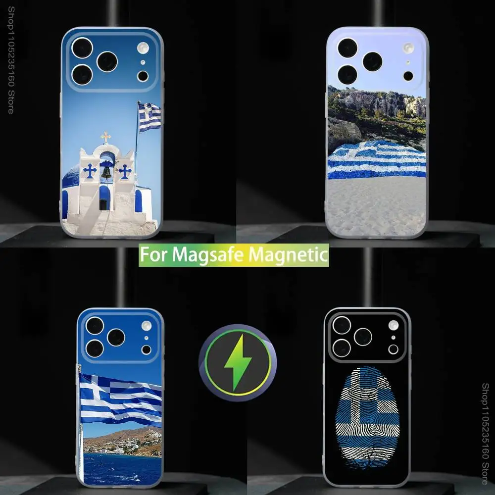 Фото Чехол для iPhone 17, 16, 15, 14, 13, 12, 11, Pro, Max, Plus, Mini, SE4, SE2 с магнитным креплением MagSafe и картой флага Греции №1