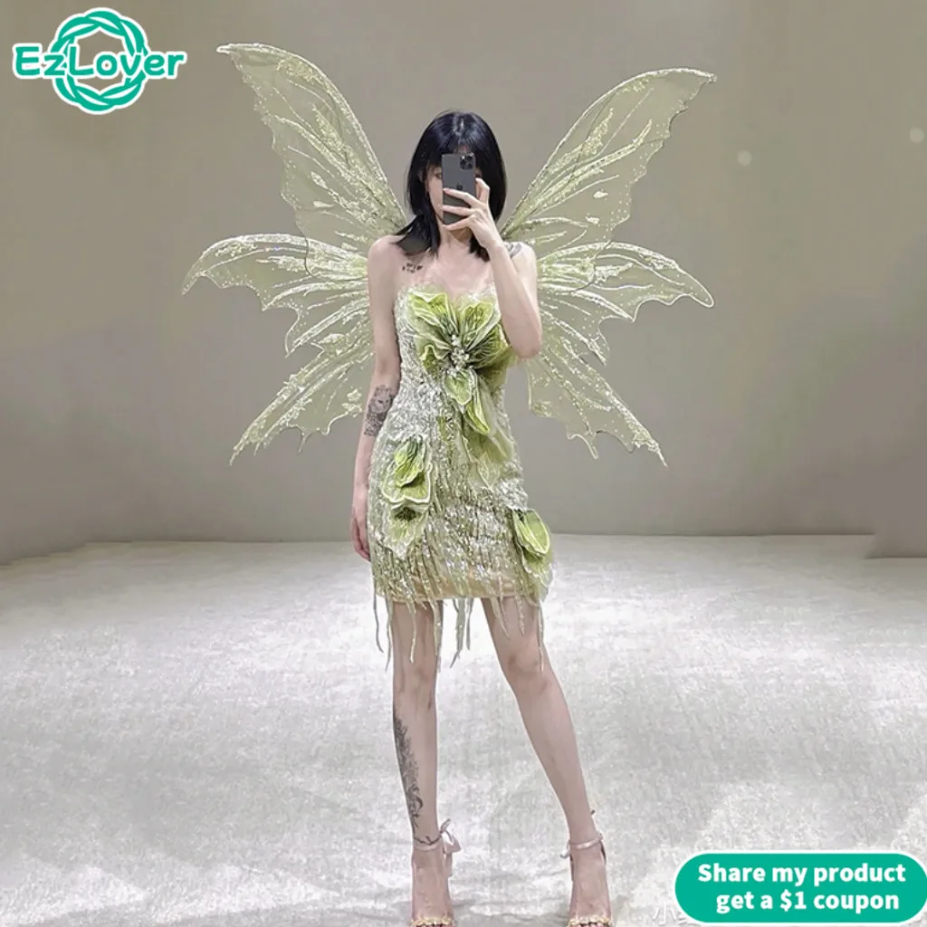 

Новое зеленое вечернее платье, элегантное короткое Кружевное цветочное зеленое Тюлевое платье из искусственной кожи, вечернее платье с крыльями для выпускного вечера