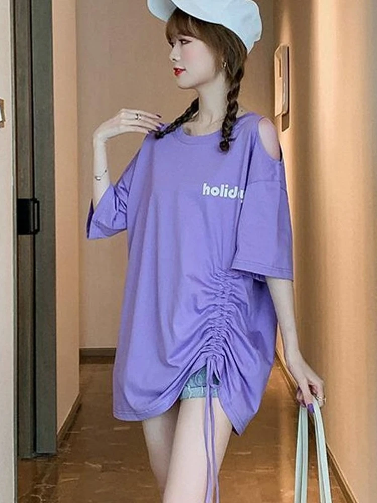 

QWEEK Korean Style Off Shoulder T-shirts Women Harajuku Streetwear Design Tees Purple Short Sleeve Tops 2022 Summer Kpop Alt