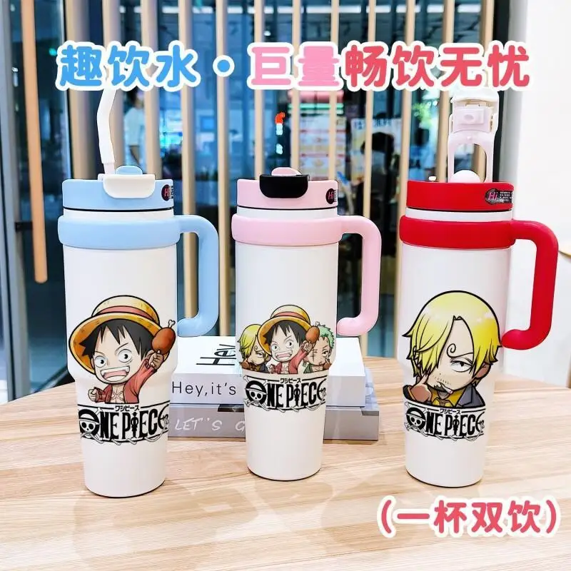 Фото Термос BANDAI One Piece Monkey D. Luffy из нержавеющей стали, большой емкости, с двумя трубочками для питья, портативный, с крышкой, для мужчин и женщин №5
