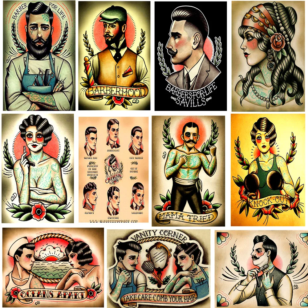 

Old School Class Tattoo Print Painting Vintage Kraft Paper Poster Wall Art Flip Chart Stickers Home Decoration