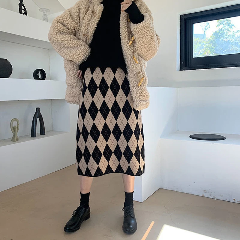 

Retro knitted skirt women's large size high waist temperament Western-style plaid mid-length over-the-knee A-line winter skirt