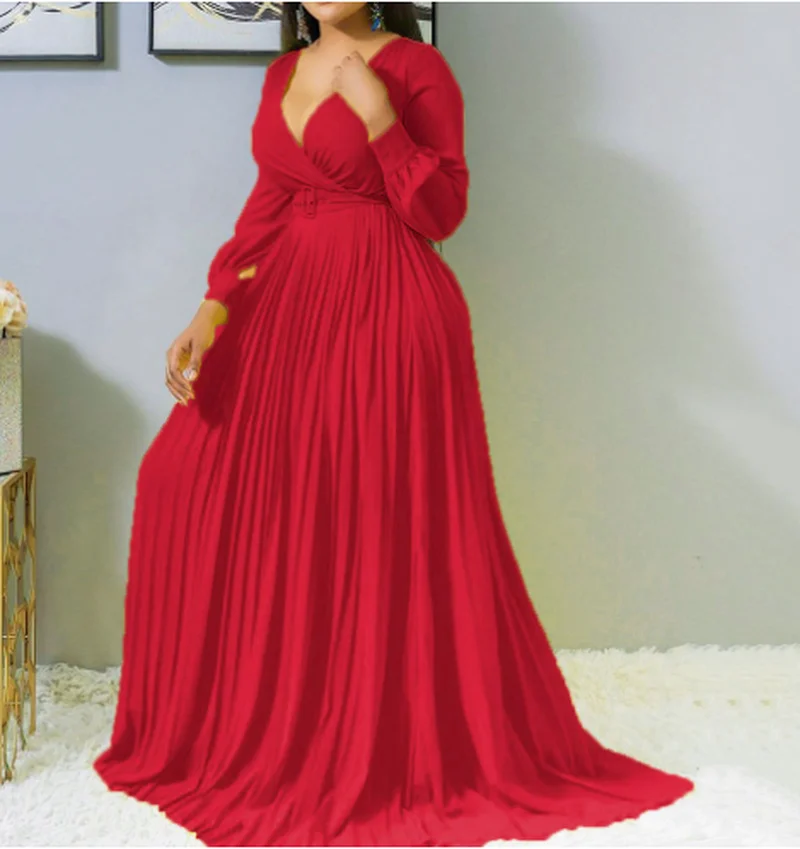 

Sexy Full Sleeve Plus Size Ladies Dress Women Long Dresses Pleated Plain Party Vintage Female Maxi Dress