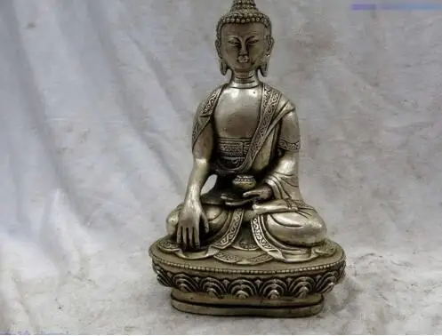 

8" China silver Buddhism beautiful apothecary Medicine Buddha Sculpture Statue