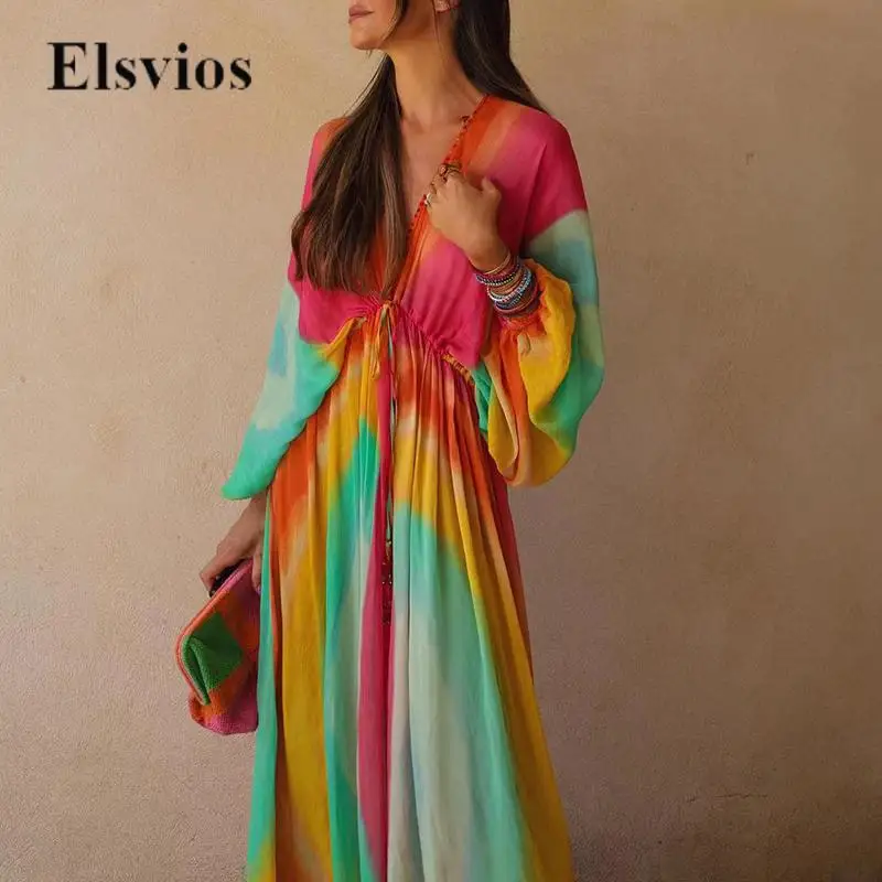 

Женское длинное платье с рукавом «летучая мышь» и V-образным вырезом