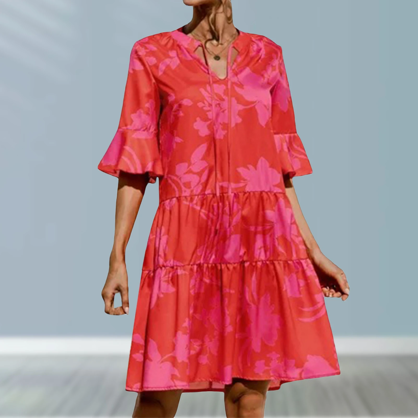 

Ladies Ruffle Midi Dress Boho Style Floral Printed Summer Tiered Dress Loose Beach Dress Casual Flared Sleeve Vacation Outfit