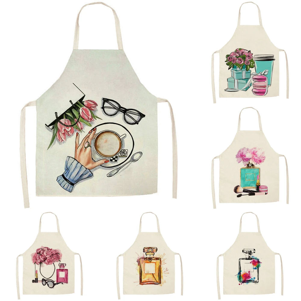 

Hot Sale Flower Perfume Bottle Print Kitchen Apron 68x55cm Adult Sleeveless Aprons for Women Men Antifouling Home Cleaning Tools