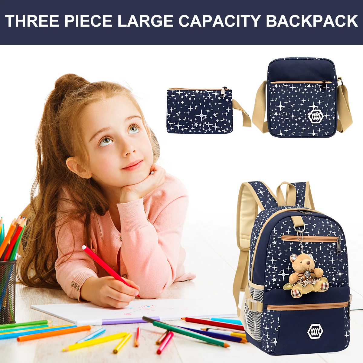 

4Pcs School Backpack Set Backpack Set with School Bag Crossbody Bag Storage Bag and Bear Pendant Canvas Cute Backpack Large