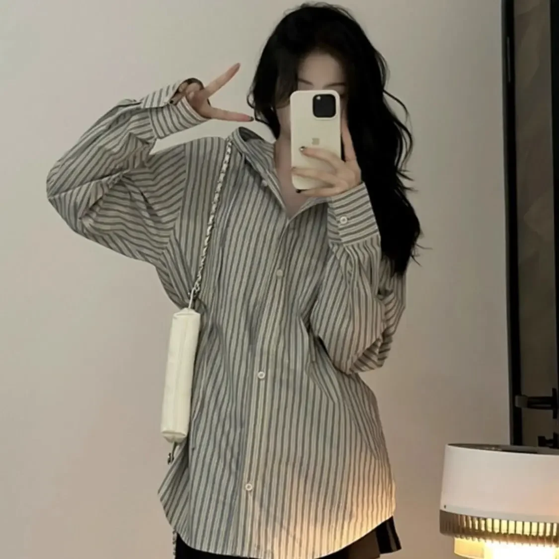 

Striped Hooded Shirts Autumn and Winter Korean Version Upper Outwear Jumpers Casual Loose Long Hooded Blouse Botton Up Shirt.
