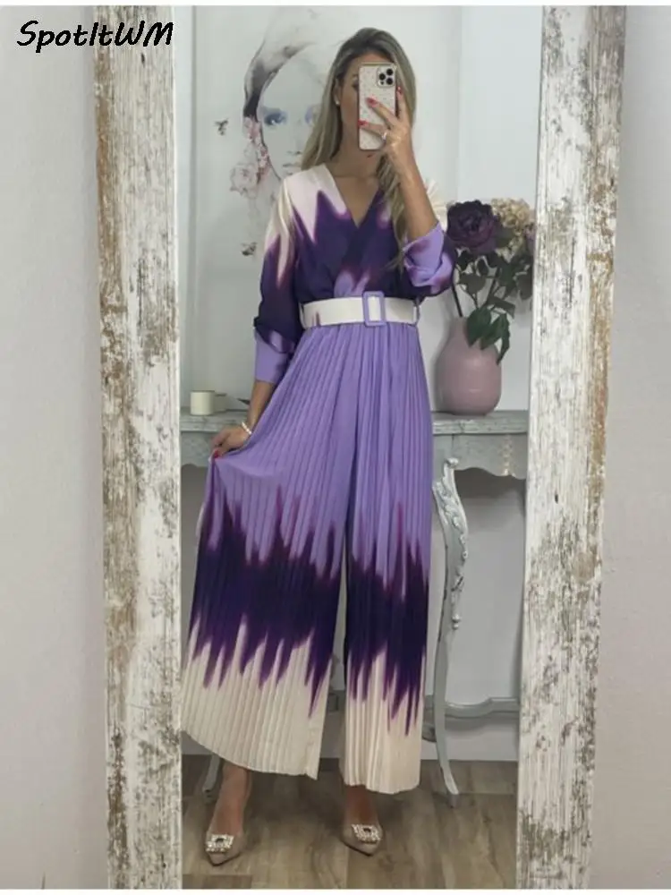 

Pleated Tie Dye Printed V-neck With Belt Jumpsuit Female Striped Long Sleeve Wide Leg Rompers Loose Women High Waist Jumpsuit