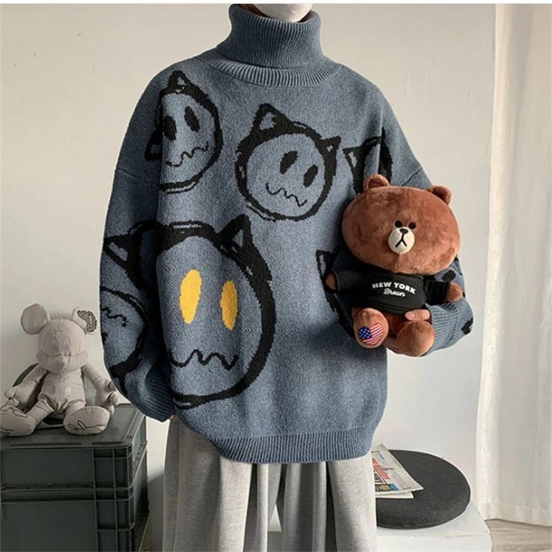 

Мужской вязаный свитер с высоким воротником, Свободный Повседневный пуловер с принтом, Осень-зима 2022