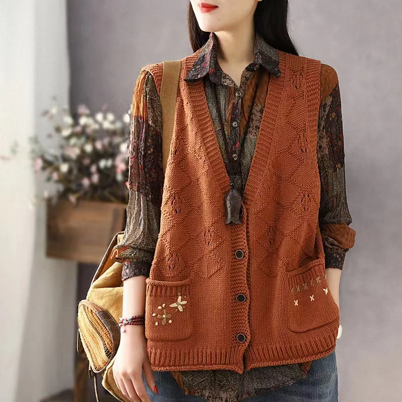 

Spring Autumn Loose Vest Craft Knit Sweater Vest Retro Art Ladies V-neck Outer Wear Cardigan Women's Black Sleeveless Sweater
