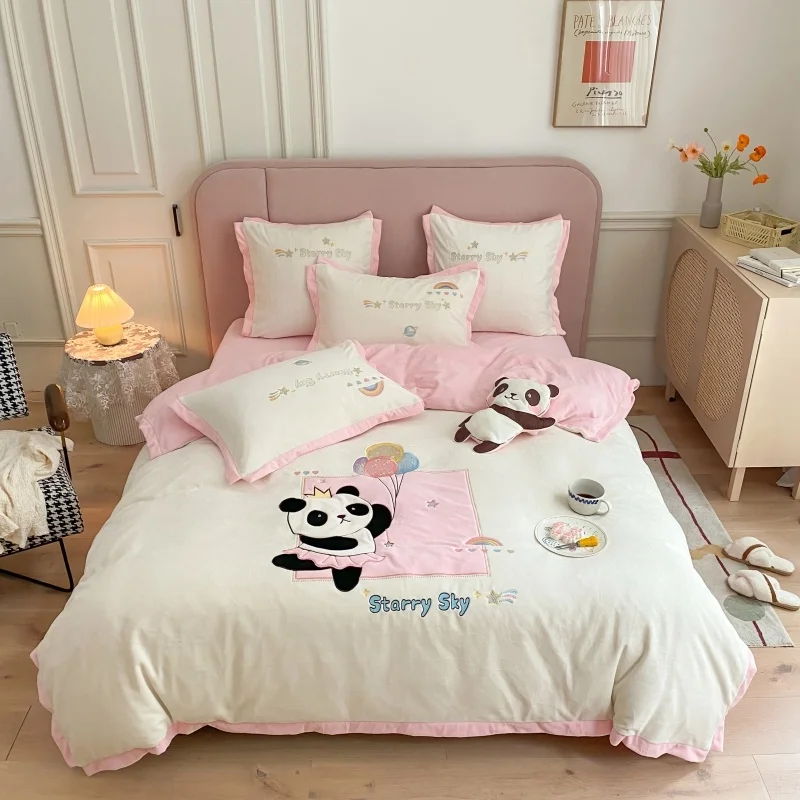 

Winter Furry Velvet Flannel Fleece Cute Panda Applique Child Girl Bedding Quilt Cover Bed Comforter Set Plaid Fitted Sheet