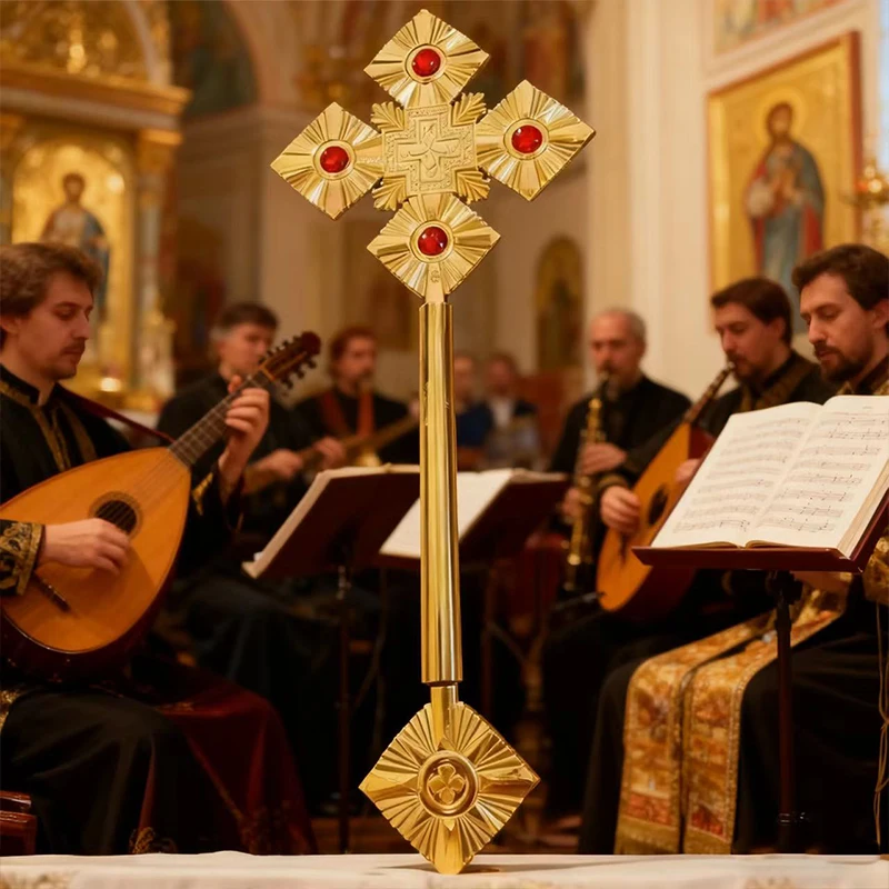 Фото Восточный православный металлический крест, скипетр, религиозная церемония, праздник сакраски, инкрустированный ярким рубином, классический религиозный вир №4