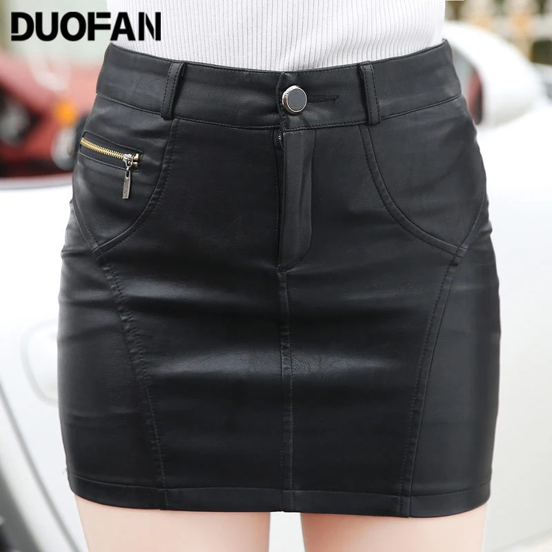 

DUOFAN Leather Skirts Women's Black Slim Sexy Ladies Mini Hip Skirt 2022 Spring Autumn New High Waist PU Leather Short Dress