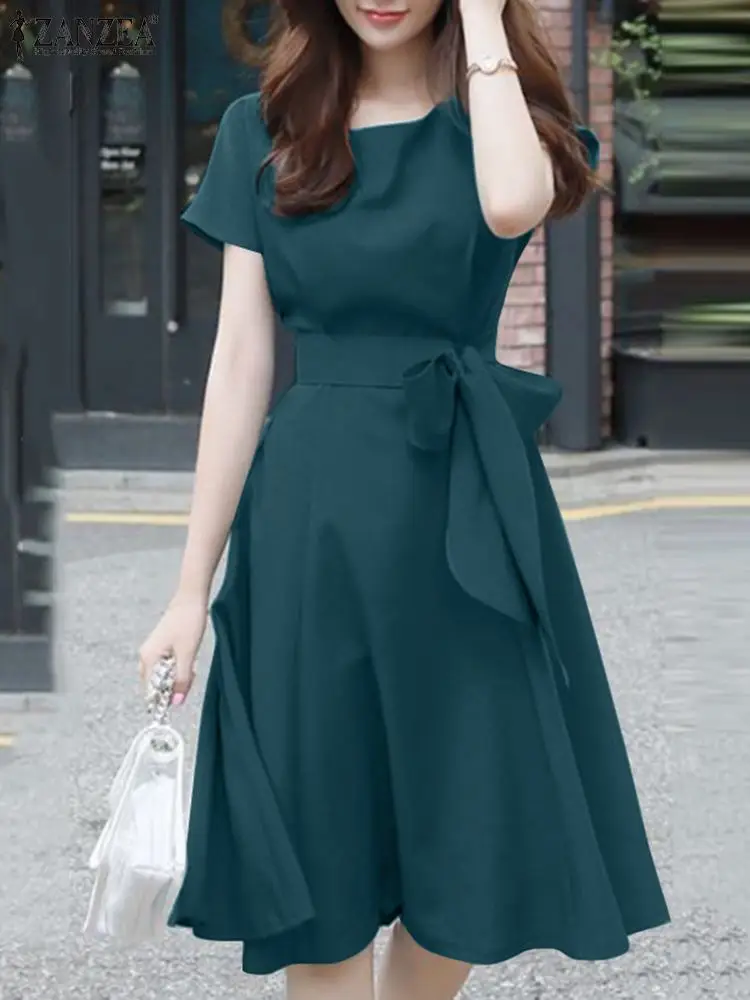 

2022 ZANZEA Summer Knee-length Dress Women Elegant Short Sleeve OL Work Sundress Casual Belt Solid Party Vestidos Robe Femme
