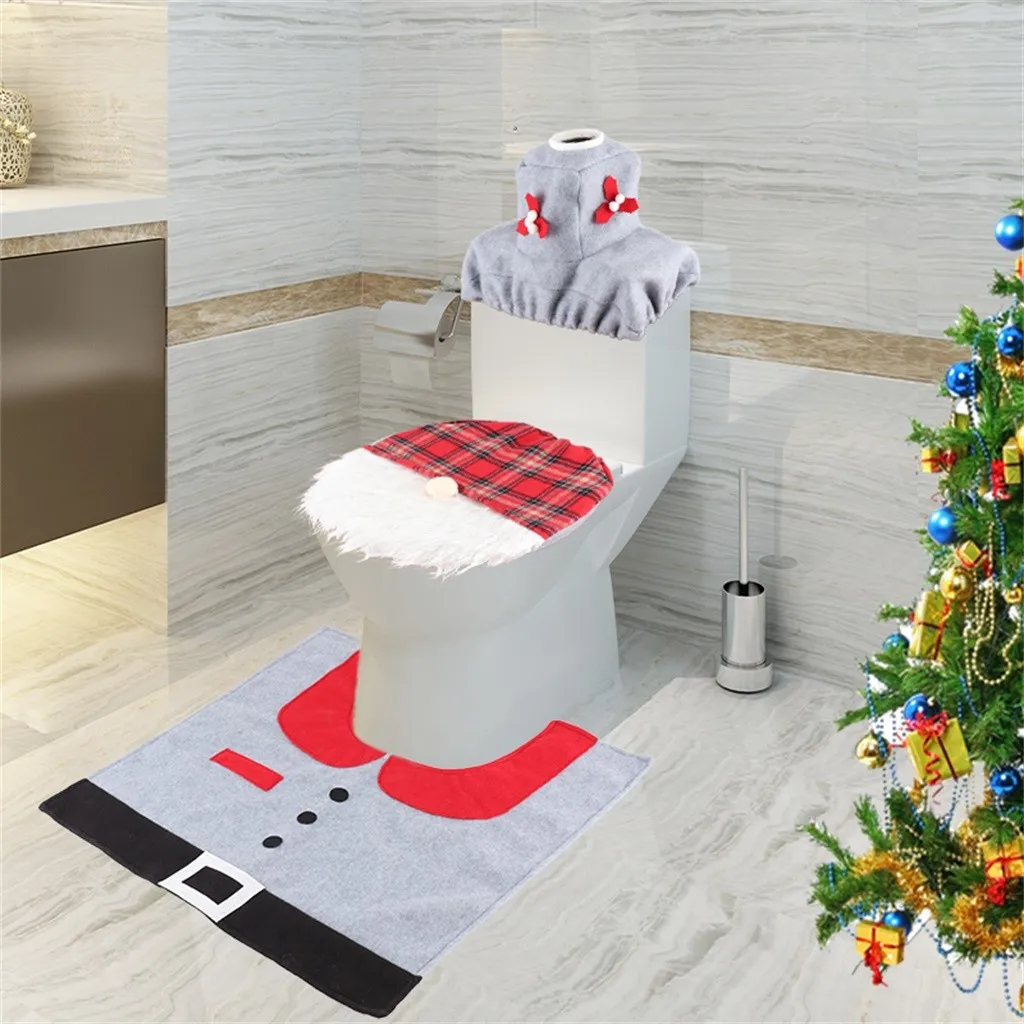 

Christmas 3 PCS Set Decoration Santa Toilet Seat & Cover & Rug Bathroom Mat
