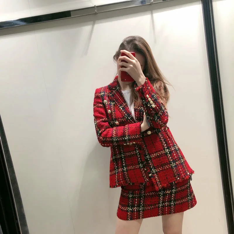 

Red Tweed Plaid Blazers and Mini Dress 2023 Spring Women Patchwork Chic Blazers Cotton Jacket Suits Cool Girls Plaid Clothing