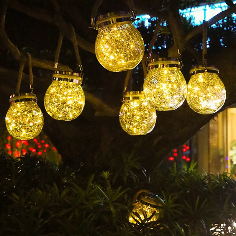 

Solar Energy Outdoor Courtyard Light Home Balcony Decoration Copper Wire LED Landscape Glass Cracked Ball Hanging Light