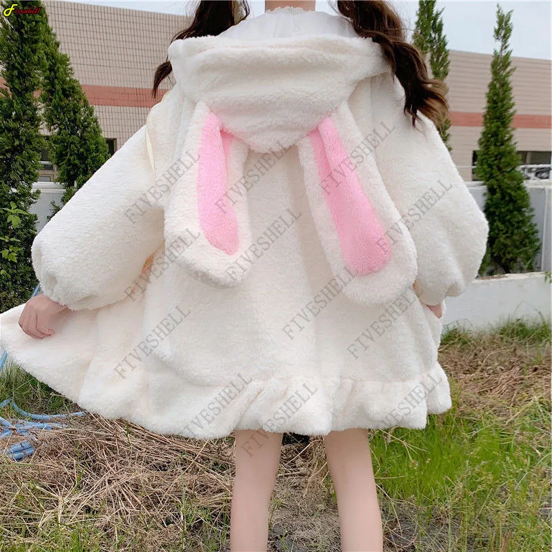 

Japanese Girl Rabbit Ear Lamb Wool Coat For Women Winter New Loose Hooded Plush Jacket Hoodies Cute Versatile Ruffled Sweatshirt