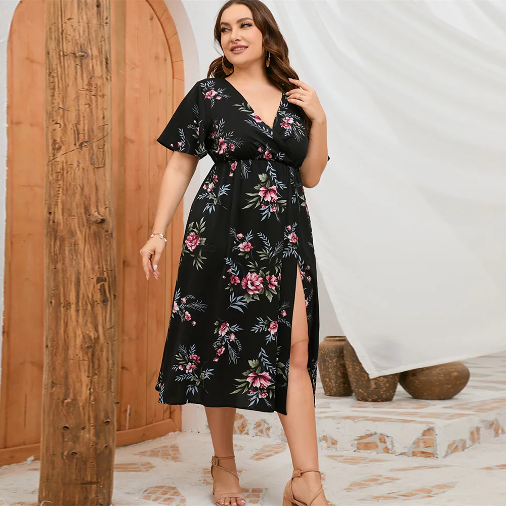 Plus Size 2023 Summer 3xl 4xl 5xl Women Chiffon Dress Floral Black Mid Dress Casual Bohemian Boho Dresses Ove 3xl 4xl 5xl 6xl