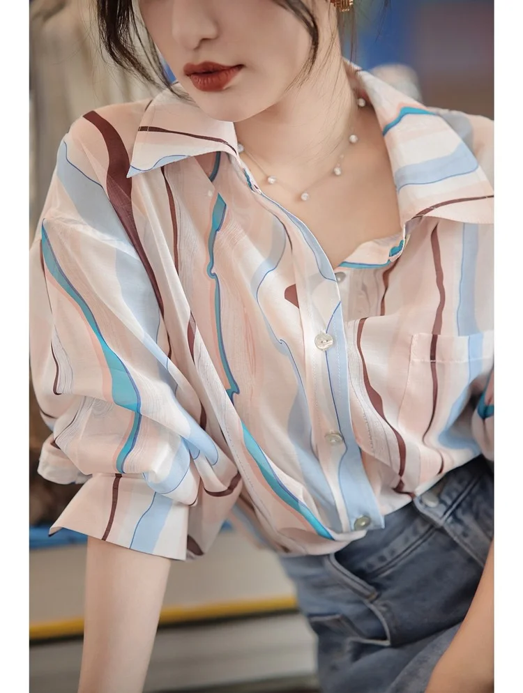 

ZCSMLL Geometric Abstract Print Shirt Vintage 2022 New Spring Summer Turn-down Collar Long Sleeve Fashion Women Blouse Tide
