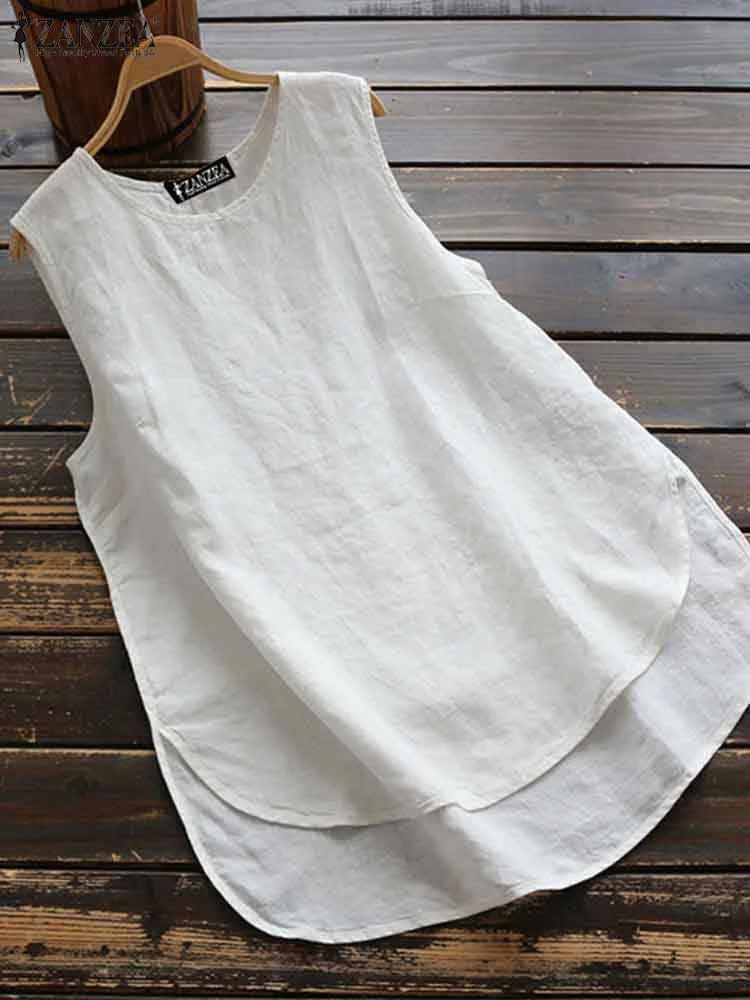 

ZANZEA Women Summer Blouses 2023 Irregular Vintage Solid Tops Casual Sleeveless Summer Blusas Female O Neck Tunic Chemise 5XL
