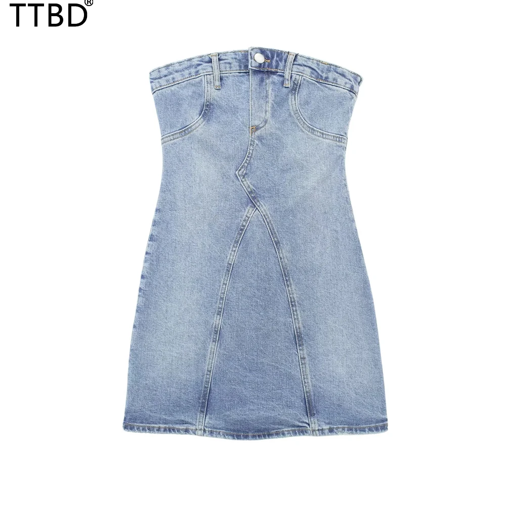 

TTBD Women strapless denim mini dress female off-the-shoulder straight neck short dress dresses lady Sexy summer woman's dress