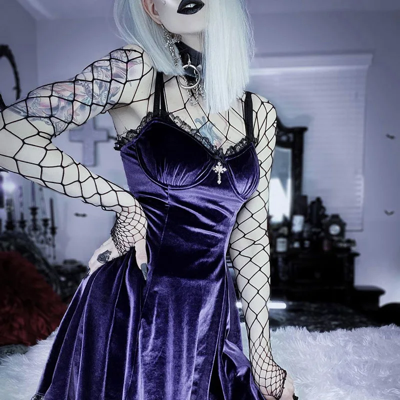 Фото Женское винтажное бархатное платье Goth Cross, фиолетовое ТРАПЕЦИЕВИДНОЕ ПЛАТЬЕ в стиле Лолиты, вечернее платье с высокой талией в готическом стиле №2
