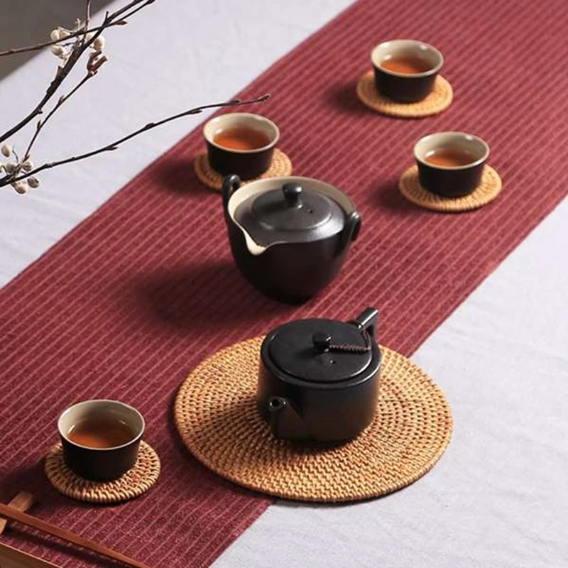 

6Pcs/ Drink Coasters Set For Kungfu Tea Accessories Round Tableware Placemat Dish Mat Rattan Weave Cup Mat Pad-10Cm