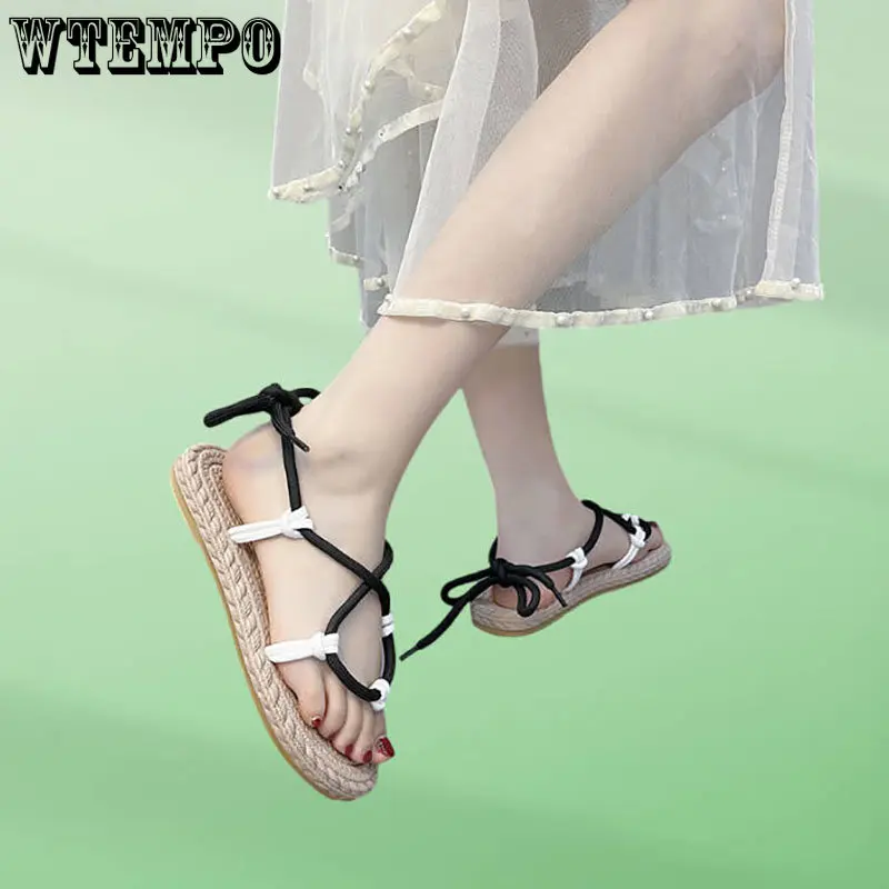 

WTEMPO Ladies Shoes Sweet Cross-tied Elastic Ankle Strap Women Sandals Summer Beach Flat Thong Casual Female Shoes Dropshipping