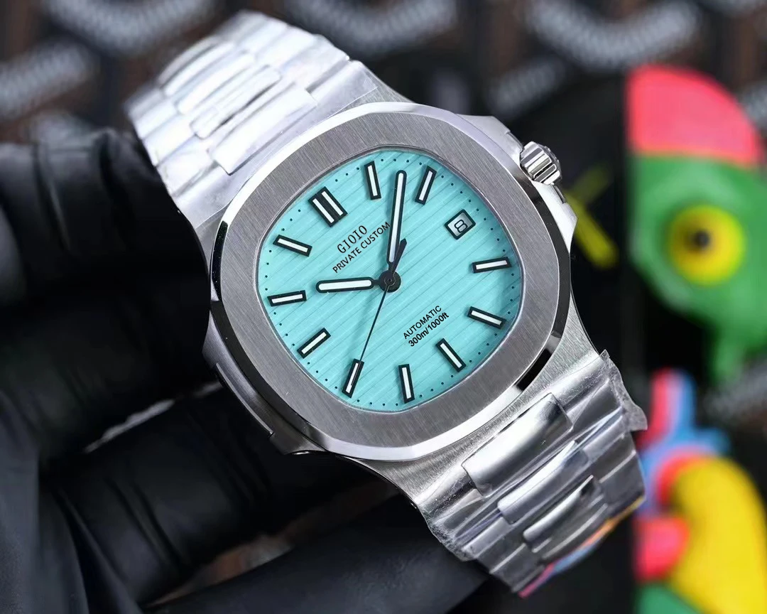 

Luxury Mens Automatic Mechanical Calendar Watch Luminous Sky Blue Dial Stainless Steel Black Leather