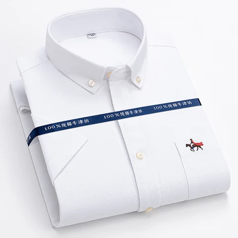 Рубашка мужская приталенная с коротким рукавом, формальный топ из 100% хлопка, деловая простая сорочка из ткани «Оксфорд», дизайнерская одежда, лето