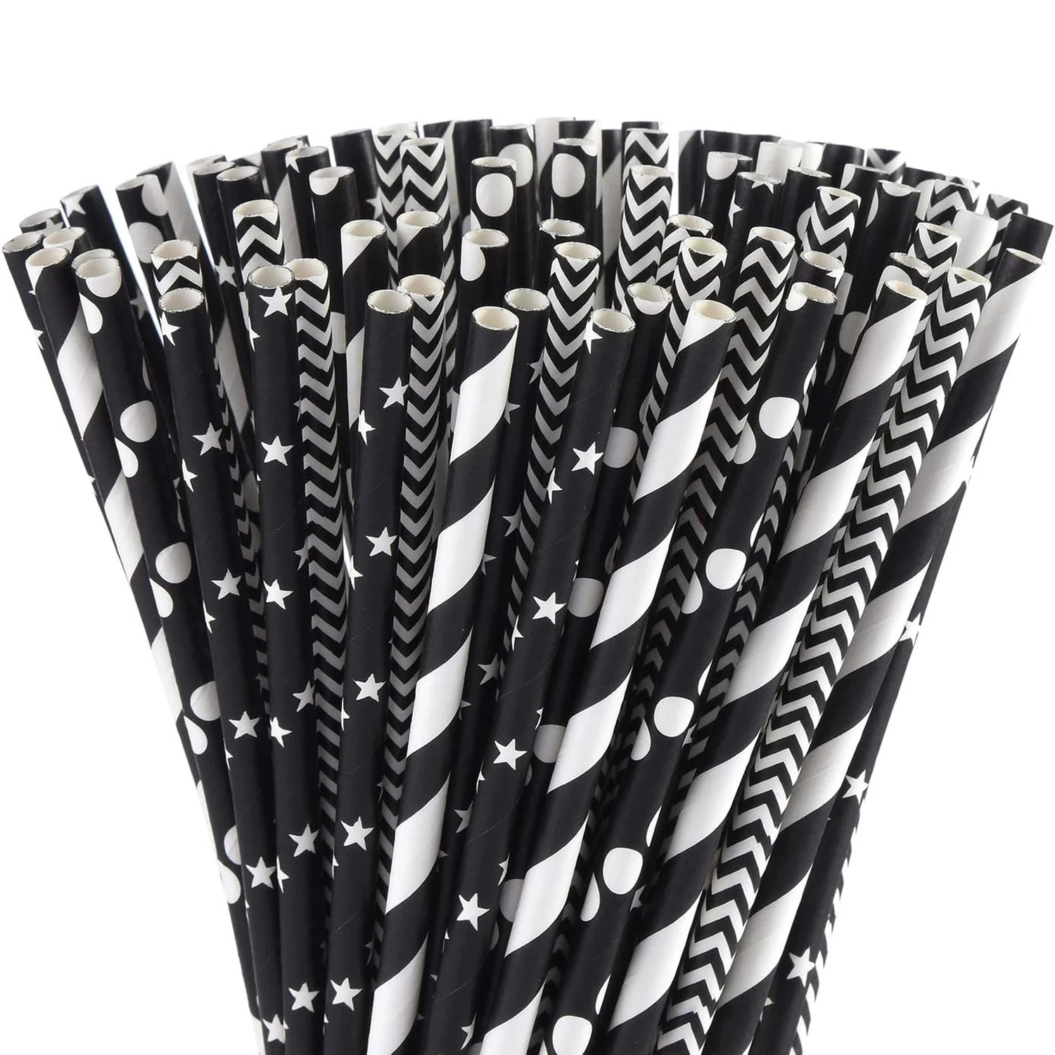 

Черные Биоразлагаемые Бумажные Соломинки, 100 Шт. В Упаковке, Стебли/точки/волны Для Напитков, Подходят Для Дней Рождения