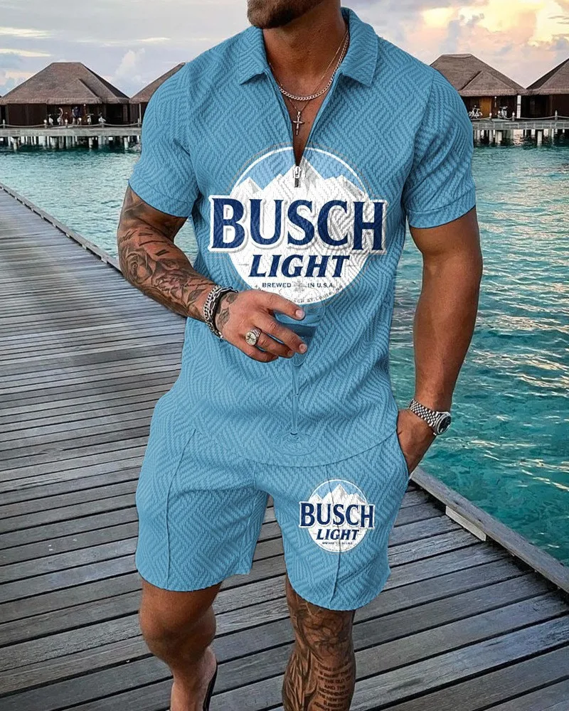

Summer Tracksuit Two Piece Set Zipper Polo Shirt Suit Fashion Beach Outfit Short Sleeve Casual Streetwear Oversized Men Clothing