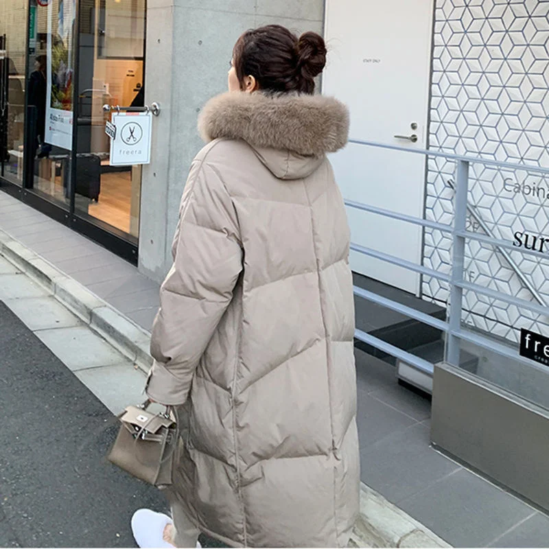 White Duck Down Jacket Women's Winter New Big Real Fur Hooded Middle And Long Korean Over Knee Fashion Elegant Horn Solid Parker