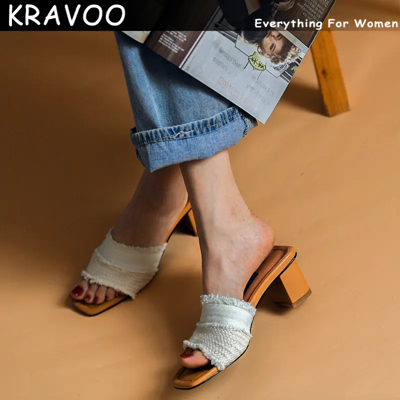 

KRAVOO Women Shoes Mixed Colors Peep Toe Women's Slippers Square Heels Women's Sandals Office Lady Women's Slipper 2023 Summer