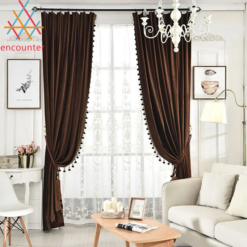 

Pure Dark Brown Dutch Velvet Coffee Curtains for Living Dining Room Bedroom Thick Blackout Window Drapes Edge Beaded Curtains