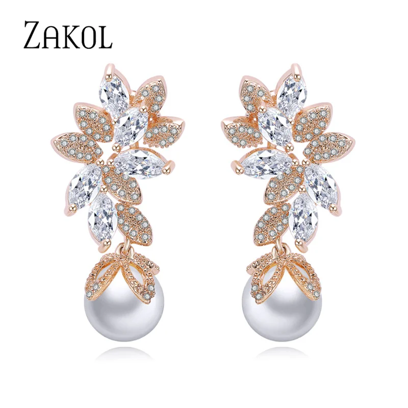 

ZAKOL Fashion Design Elegant Female Jewelry White Gold CZ Drop Earings With Imitation Pearls For Gift FSEP568