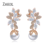 zakol fashion design elegant female jewelry white gold cz drop earings with imitation pearls for gift fsep568