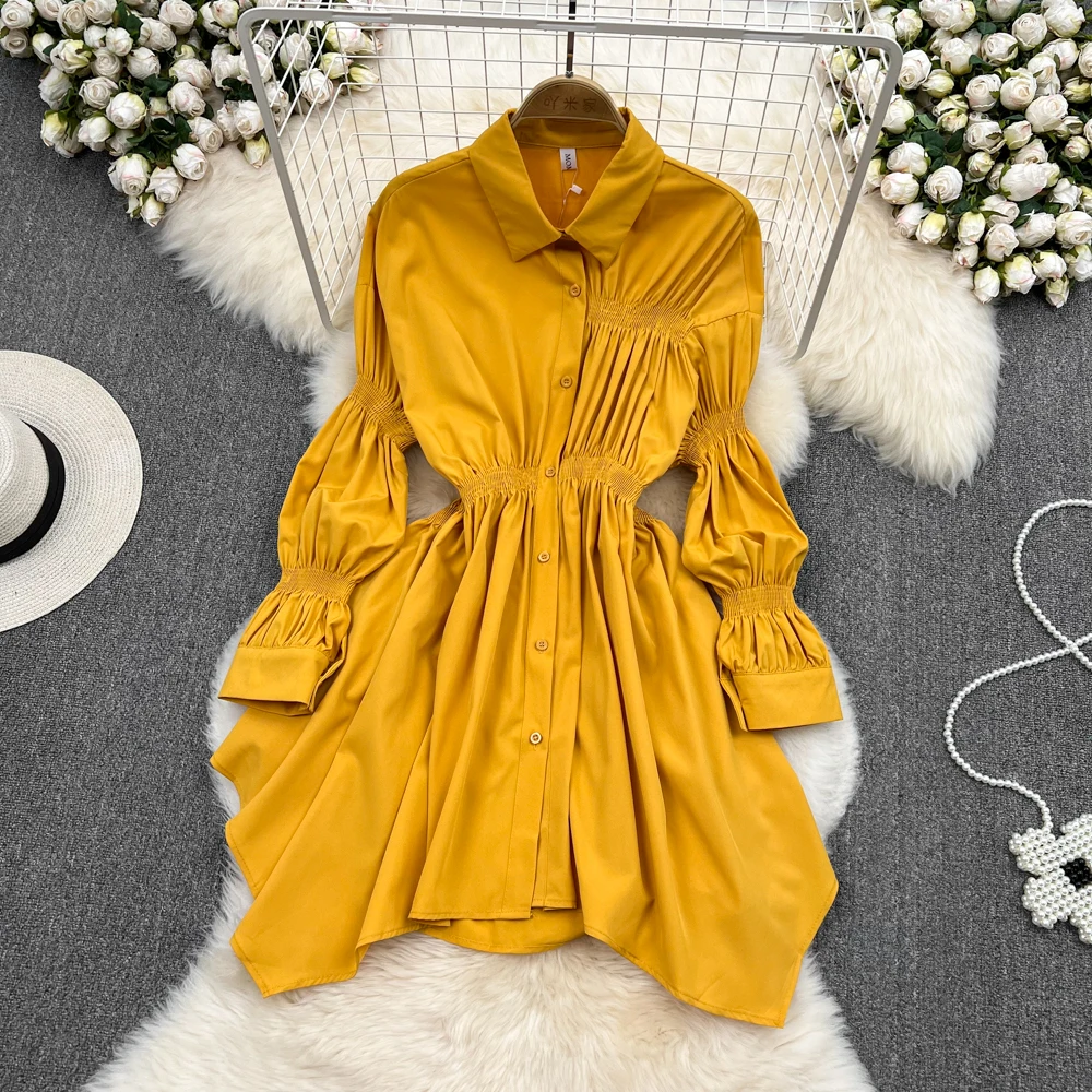 

SuperAen Single-breasted Turn-down Colla Shirt Dress Spring and Autumn High Waist Long Sleeve Loose Oversized A-line Dress