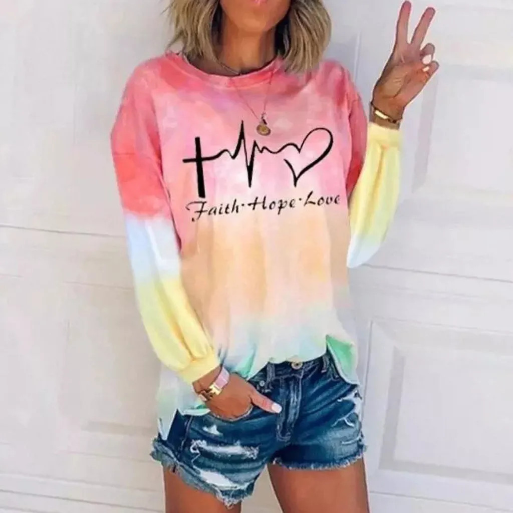 

Gold Tee Shirts Fashion Women Letter Tie-dye Printing O-Neck Long Sleeves Sweatshirt Blouse White Blouse with Collar for Women