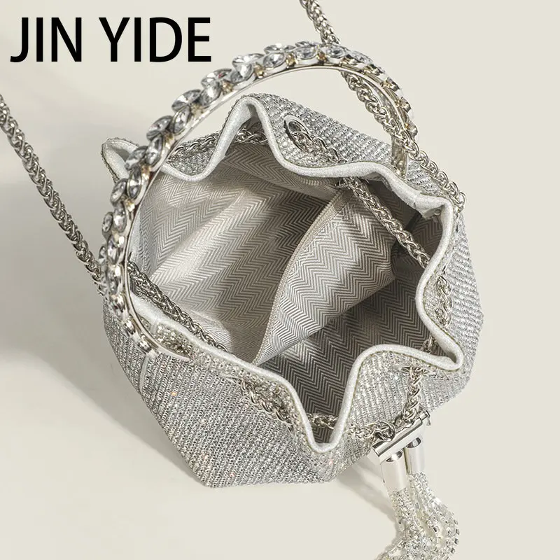 Luxury Diamonds Evening Bag Designer Crystal Mesh Bucket Handbags Rhinestones Chains Shoulder Crossbody Bags Small Party Purses