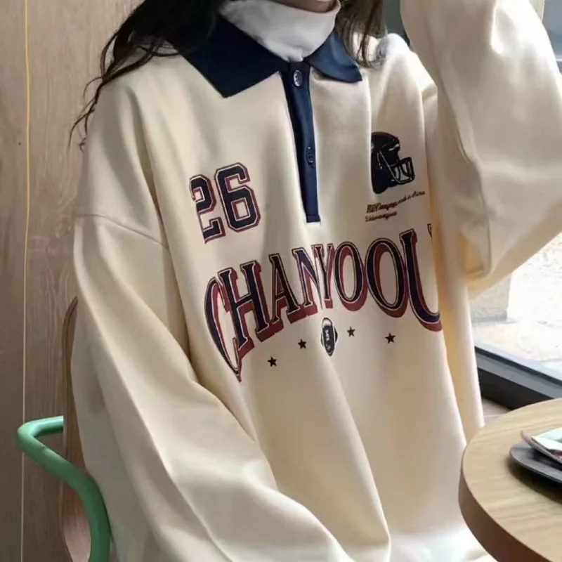 

American Slightly Fat Fashion Brand Letter Printing Sweatshirt Female Student Polo Shirt Oversize Long Sleeve Fashion Tops