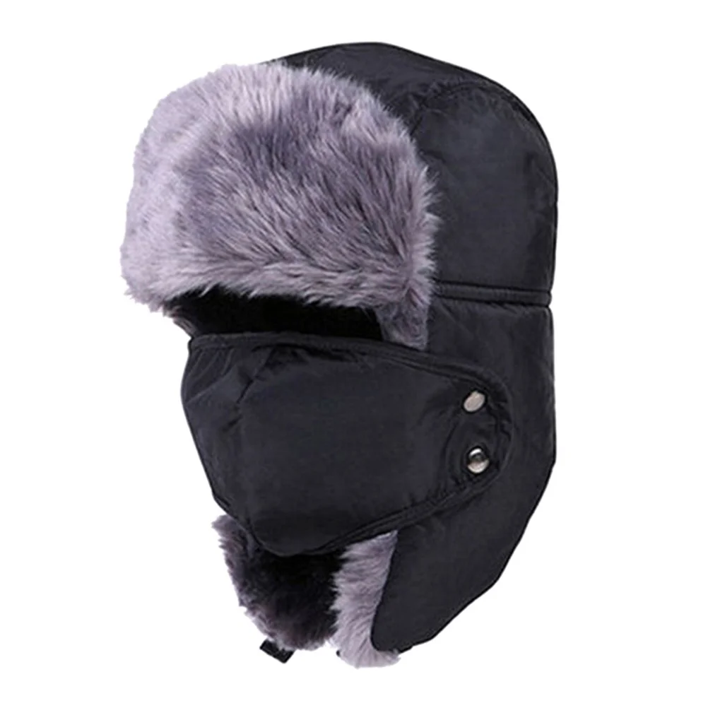 

Men Women Ushanka Trapper Earflap Ski Hats With Mask Hood (Black)