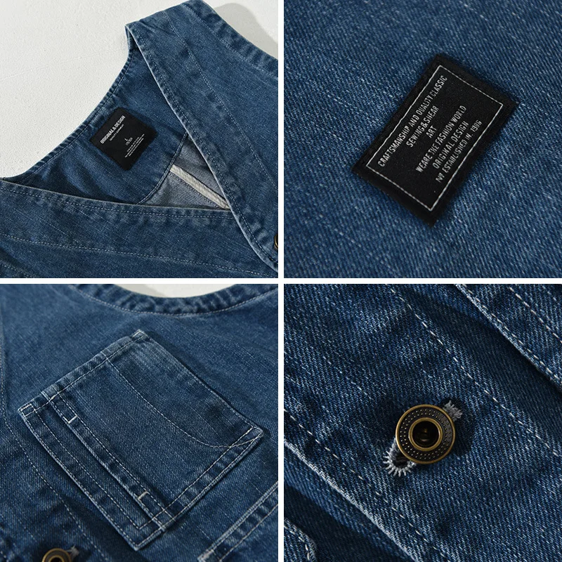 Wiosna jesień nowe kurtki dżinsowe bez rękawów mężczyzna Streetwear Vintage kamizelka robocza dekolt w serek z wieloma kieszeniami guzik męska