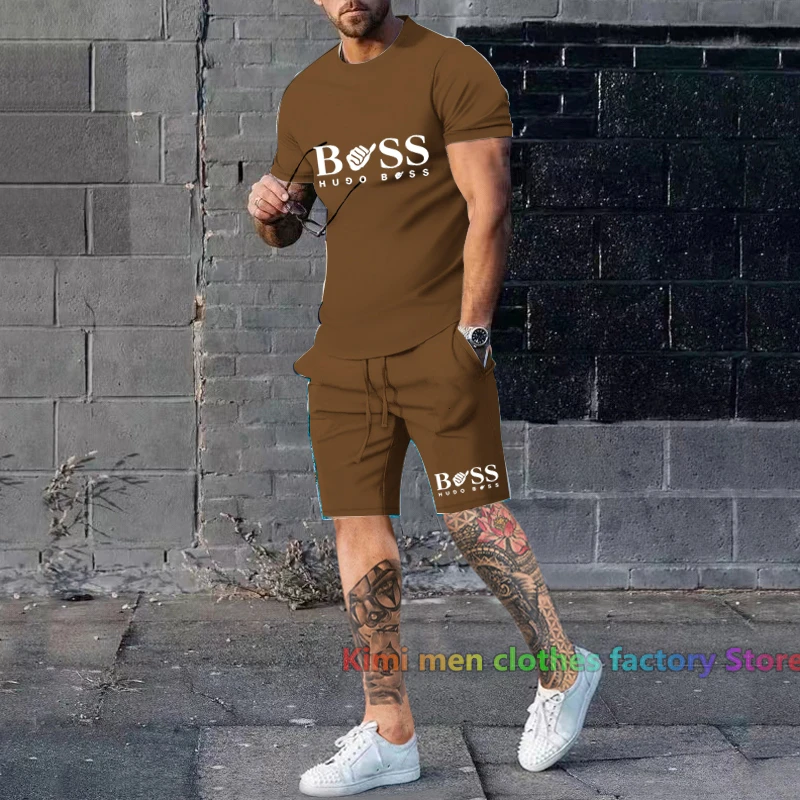 Brand printed men Short Outfits set Summer tshirt set Men Short Sleeve T-shirt Shorts Tracksuit Jogging suit Cotton 2 pieces set